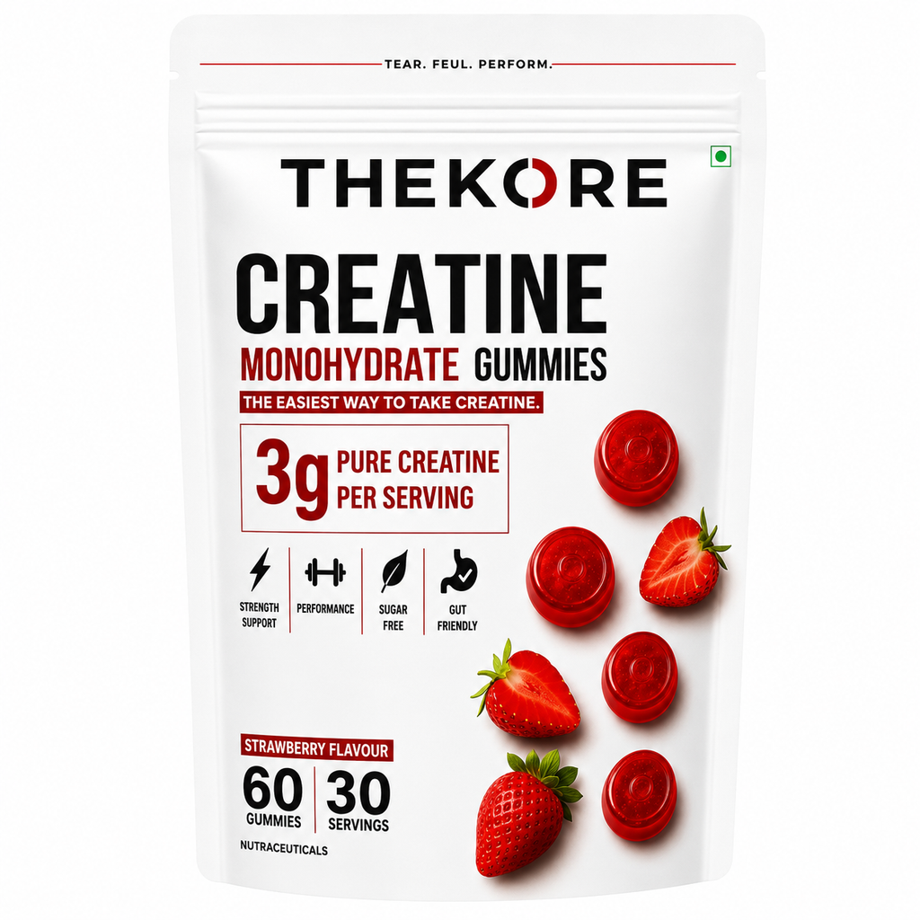 THEKORE Creatine Gummies | Creatine Monohydrate 3g per Serving | Sugar Free | 60 Gummies | 30 Servings | Strawberry Flavour | Chewable Creatine Supplement for Muscle Strength & Performance