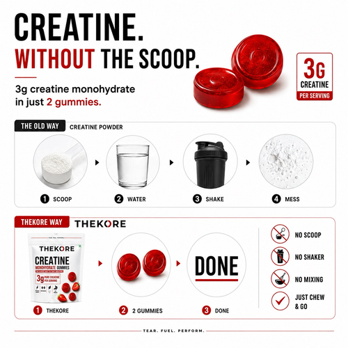 THEKORE Creatine Gummies | Creatine Monohydrate 3g per Serving | Sugar Free | 60 Gummies | 30 Servings | Strawberry Flavour | Chewable Creatine Supplement for Muscle Strength & Performance