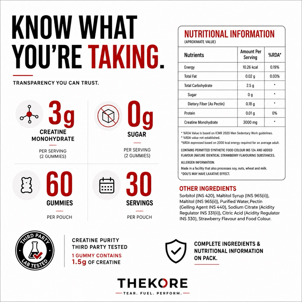THEKORE Creatine Gummies | Creatine Monohydrate 3g per Serving | Sugar Free | 60 Gummies | 30 Servings | Strawberry Flavour | Chewable Creatine Supplement for Muscle Strength & Performance
