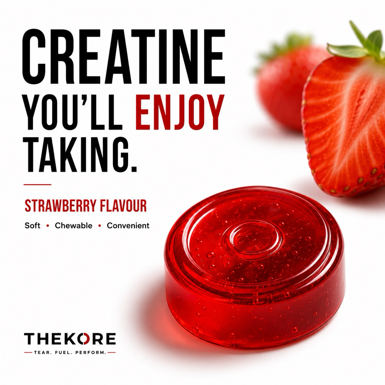 THEKORE Creatine Gummies | Creatine Monohydrate 3g per Serving | Sugar Free | 60 Gummies | 30 Servings | Strawberry Flavour | Chewable Creatine Supplement for Muscle Strength & Performance