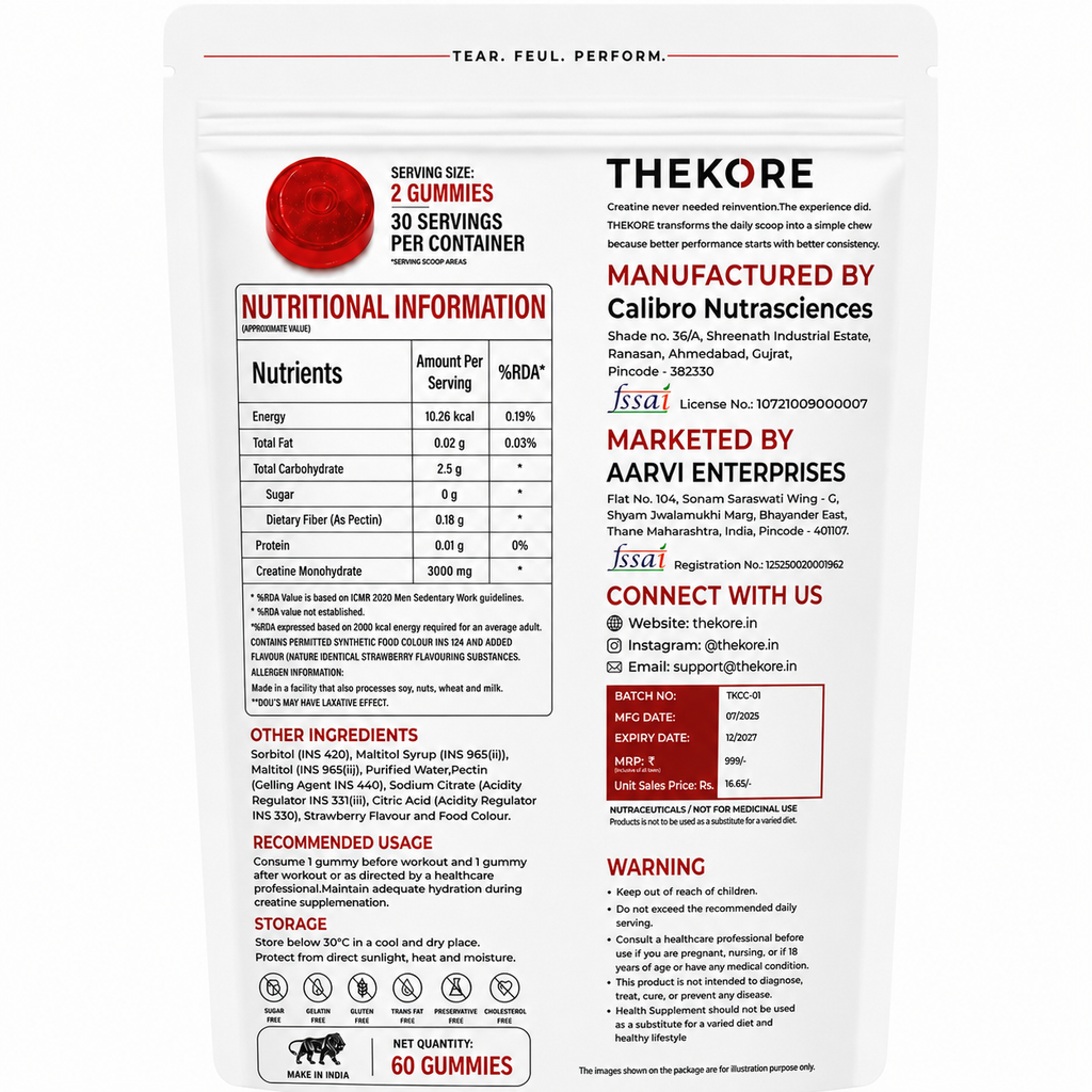 THEKORE Creatine Gummies | Creatine Monohydrate 3g per Serving | Sugar Free | 60 Gummies | 30 Servings | Strawberry Flavour | Chewable Creatine Supplement for Muscle Strength & Performance