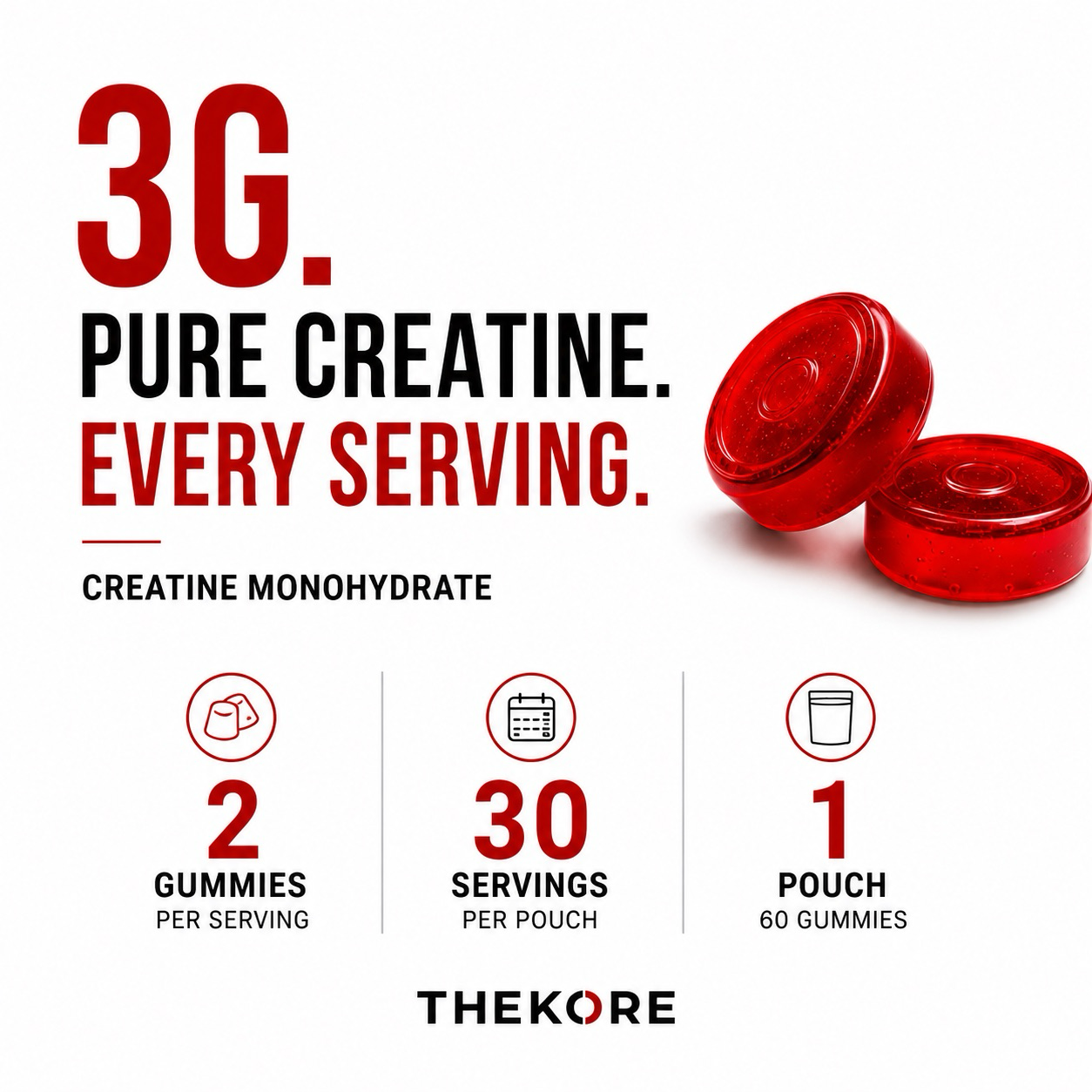 THEKORE Creatine Gummies | Creatine Monohydrate 3g per Serving | Sugar Free | 60 Gummies | 30 Servings | Strawberry Flavour | Chewable Creatine Supplement for Muscle Strength & Performance
